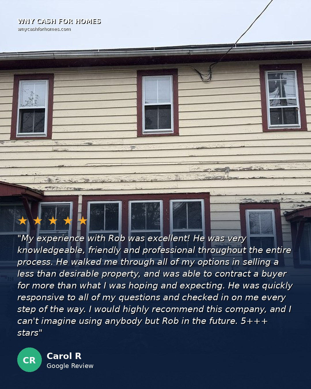 Carol R Google Review: My experience with Rob was excellent. He was very knowledgeable, friendly and professional throughout the entire process. He walked me through all of my options in selling a less than desirable property, and was able to contract a buyer for more than what I was hoping and expecting. He was quickly responsive to all of my questions and checked in on me every step of the way. I would highly recommend this company. Five stars.